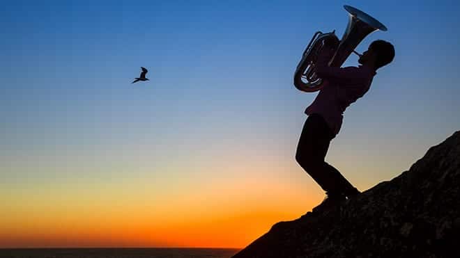 Silhouette of musician play Tuba on sea shore at sunset.