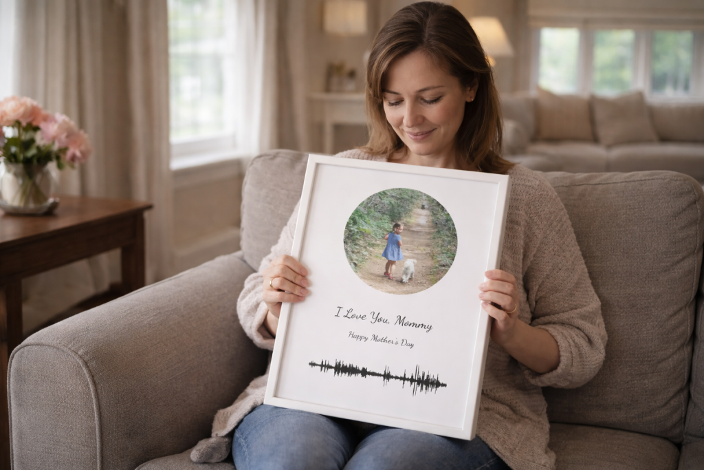 Mother holding personalized family Soundwave artwork