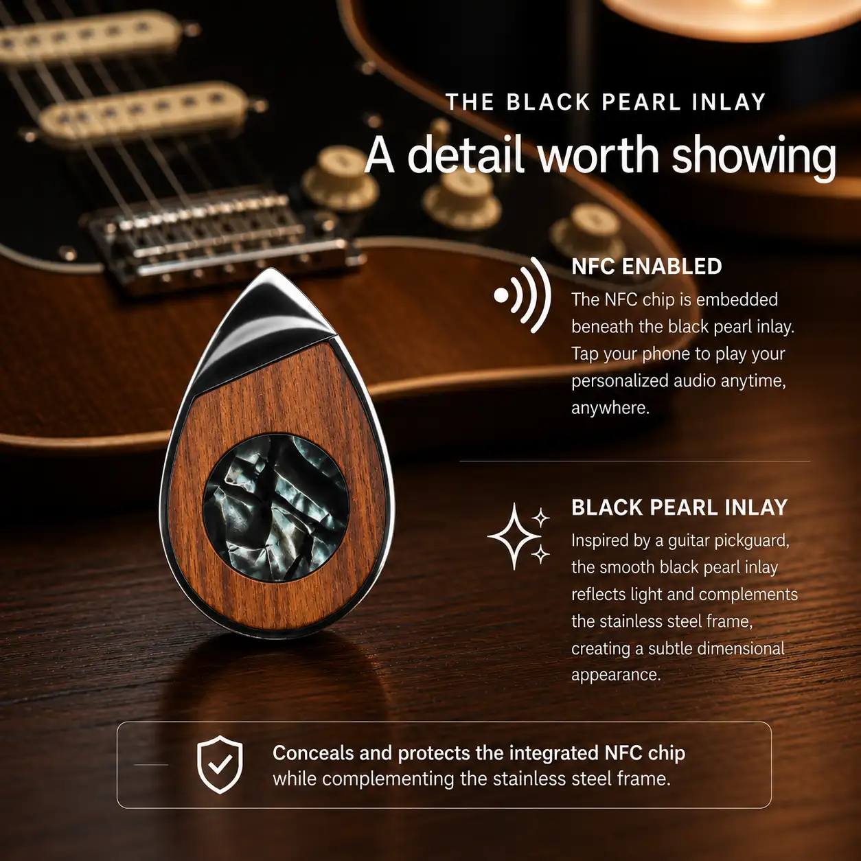 Black pearl inlay concealing NFC playback technology on a Soundwave Art necklace