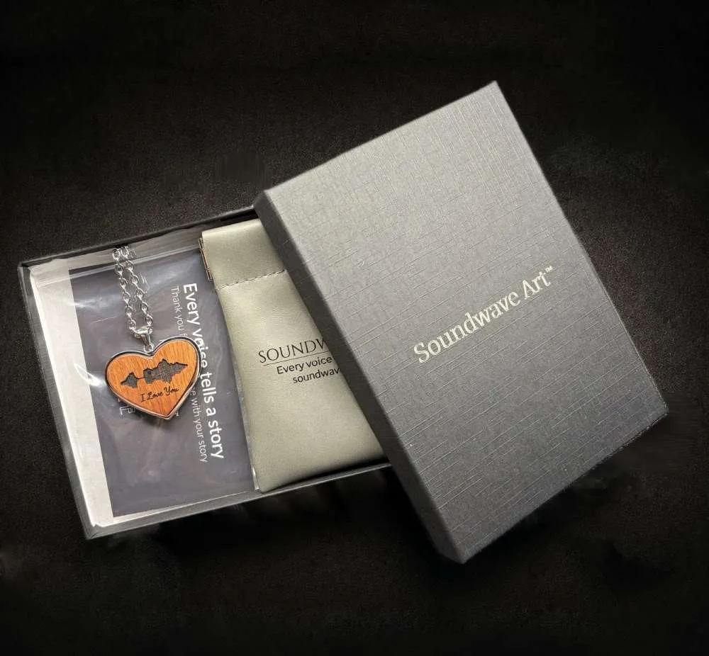Heart, circle, and teardrop playable Soundwave necklaces made from meaningful recordings