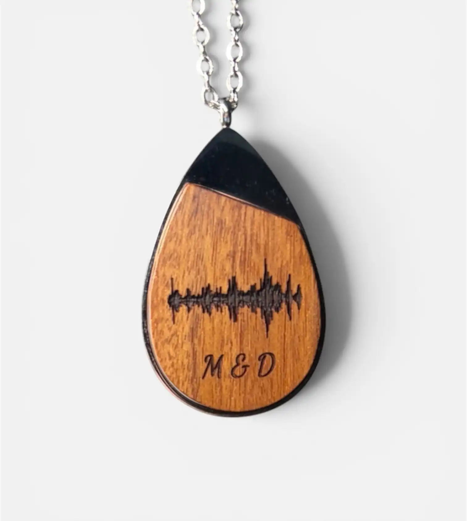 Teardrop voice recording necklace engraved with a Soundwave