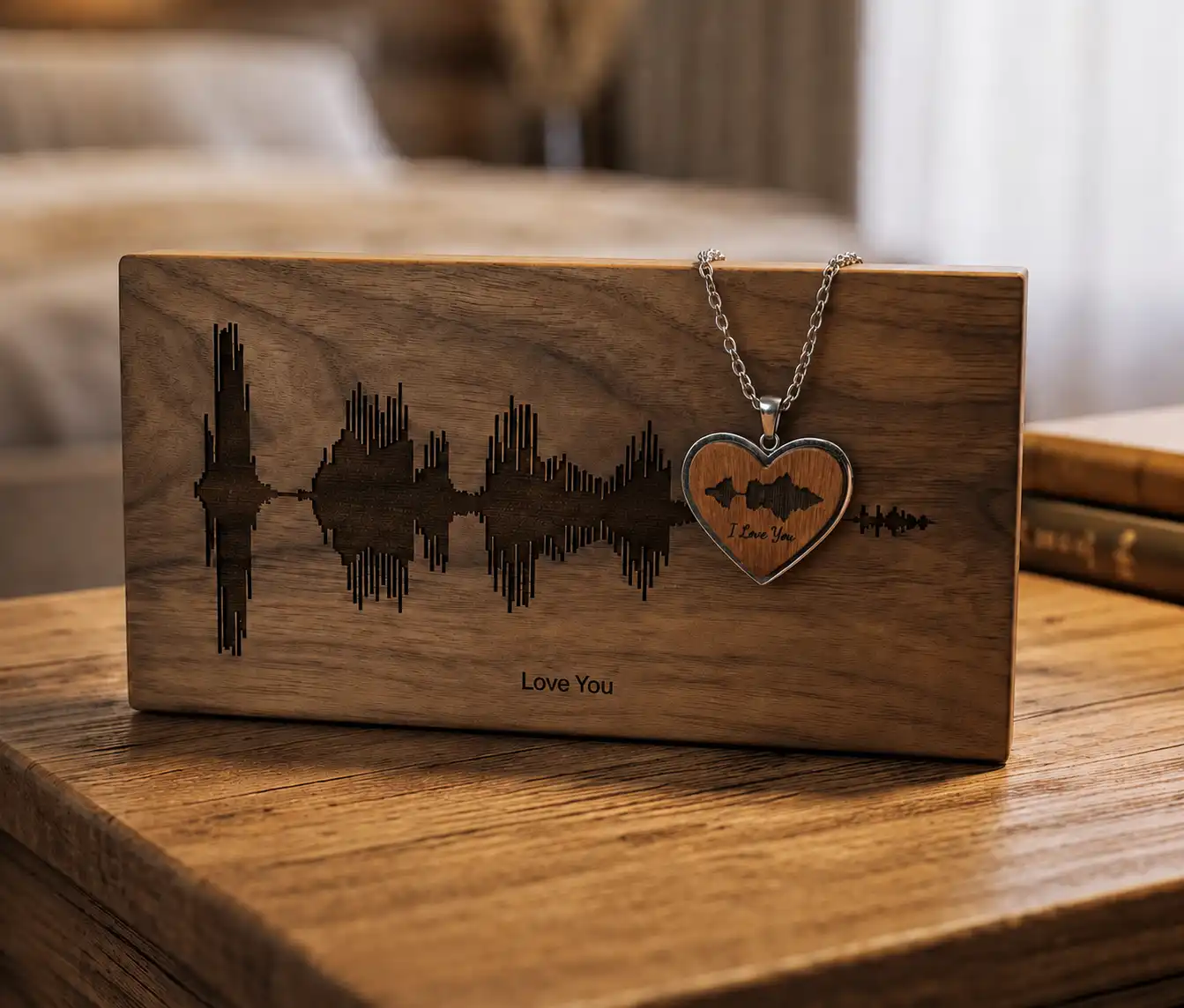 Playable Soundwave Art walnut block and necklace with NFC technology