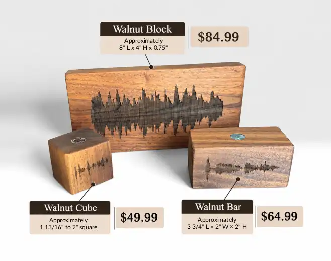 Walnut Cube, Bar, and Block shown together with dimensions and prices